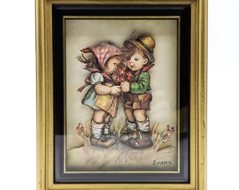 Framed Evans Children Shadow Box | Girl and Boy 3D Decoupage | Paper Tole 3D Art Framed Hummel Style Kids Wall Art | Multilayer Art Relief