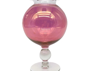 Cranberry Glass Globe Vase 8" Tall Vintage | Ruffled Lip Pink Pedestal Bowl | Hand Blown Mid Century Modern Decor | Retro Studio Art Glass