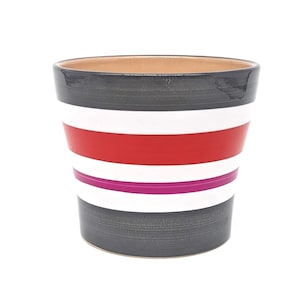 Maceta Cerámica de Alemania  Vintage | Jarrón Listrado Gloss Mid Century | Gris Blanco Rojo Rosa Interior Beige | Decoración Moderna