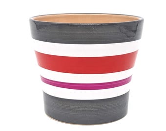 Vintage Made in German Ceramic Plant Pot 808 13 | Mid Century Glossy Striped Vase Planter | Gray White Red Pink Interior Beige Modern Decor