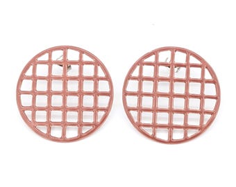 Stud Earrings Rounded Pink Grid | Vintage Chequered Pink Earrings | Large Circular Basket Weave Pink Earrings 80s Geometric Post Earrings