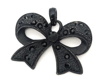 Vintage Pendant Black Rhinestone Ribbon Bow | Cute Bow Charm Black Color | Ribbon Pendant Flat Black 3D