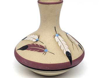 Vintage Betty Selby Signed Pueblo Pottery Style Feather Vase | Southwestern Inspired Art Decor 1990 | Handmade  Collectible Retro Vase