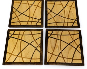 Set of 4 Coasters Handmade Abstract Arc | Mahogany Oak Birch Wood Inlay | Vintage Rustic Decor for Home Bar or Coffee Table Unique Gift Idea