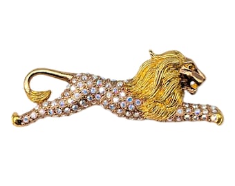 Brooch Gold Tone Leaping Lion 2in 5.1cm Vintage Aurora Borealis Signed Butler