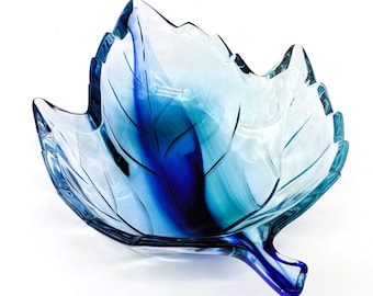 Maple Leaf Blue Glass Candy Dish Japan 1970s Studio Nova| Cobalt Blue & Teal Art Glass Bowl | Vintage Mikasa Rare Glassware Collectible Gift