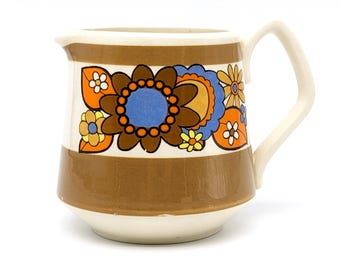 Vintage Sadler Flower Power Milk Jug Pitcher | 1960s Staffordshire England | Retro Floral Creamer | Brown Orange Decor Crazed Display Only