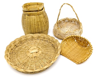Vintage Bamboo Woven Baskets | Set of 4 Asian Food Serving & Storage Art Pieces |Wicker Objects for Home Decor Display and Kitchen Tableware