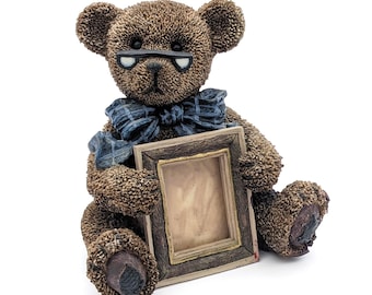 Vintage Ted Bear Figurine Picture Frame Resin | Nursery Brown Bear Wearing Glasses With Photo Frame | Collectible Bear Figurine Bear