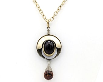 Vintage Modernist Amber Pendant Necklace | Brass Gold & Silver Tones | Geometric Design | Long Opera Chain | Bold Statement Jewelry