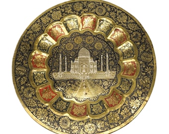 Hand Etched Brass Taj Mahal Plate Wall Hanging | 1960s Indian Decorative Metal Wall Art | Red Green Scrollwork Bohemian Decor Rare Find