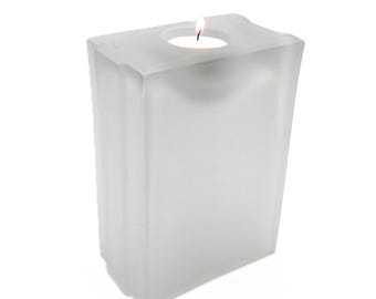 Tealight Candle Holder White Frosted Glass | Rectangular Votive Candle Lamp Industrial Style | Heavy Glass Brick Candle Pedestal or Vase