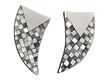 Vintage Shell Mosaic Stud Earrings | Mother of Pearl Abalone Checkerboard Teardrop | Art Deco 1970s Retro Statement Jewelry Dazzling Flair