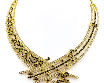 Vintage Art Deco Necklace Classic Gold Plated Black and White Color | Cubic Zirconia - American Diamond Delicate Bib Gold Necklace