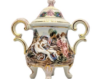 Capodimonte Sugar Bowl: Hand-Painted Rococo Nudes, Made in Italy, Vintage