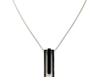 Vintage Geometric Minimalist Pendant Necklace | Rectangle Necklace Silver Dark Blue | Contemporary Minimalist Rectangle and Bar Adjustable