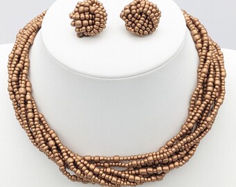 Vintage Necklace and Earrings Set Golden Brown Bronze | Metallic Beads Choker Multistrain Twisted Necklace and Large Beaded Earrings