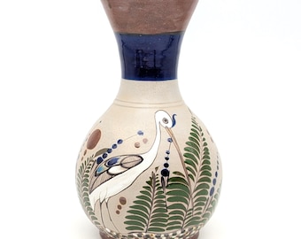Tonalá Pottery Vase: Hand-Painted Heron Folk Art, Signed Mateos Vintage