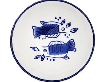 Vintage Asian Mini Bowl Blue & White Koi Fish Design |China Fine Porcelain Mini Plate Decoration | Koi Fish Small Bowl Plate Soy Sauce Dish