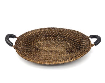 Handcrafted Woven Rattan Oval Decorative Bowl with Wooden Handles | 18in Vintage Boho Fruit Basket Tray | Rustic Kitchen Dining Centerpiece