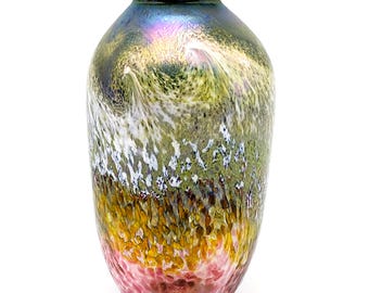 Vintage Norman Stuart Clarke Iridescent Glass Vase | Signed 1989 Studio Art Urn Vase | Multicolor Speckled Blown Glass Vase England