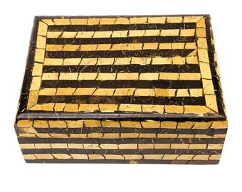 Vintage Box Handmade Coconut Shell Mosaic Box | Two-Tone Gold & Black Lacquered Trinket Box | Stylish Exotic Jewelry Storage Organizer Box