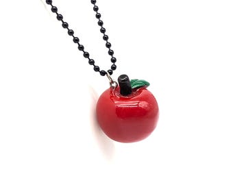 Vintage Resin Apple Pendant Necklace | Red 3D Fruit Charm Black Ball Chain | 80s 90s Kawaii Teacher Gift | Retro Novelty Jewelry Gift Idea