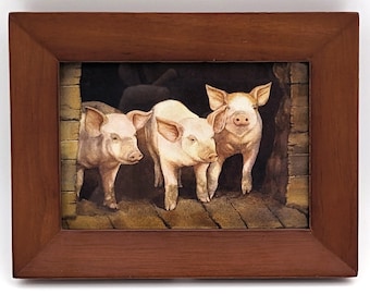 Vintage Cute Pigs Framed Small Wall Decor | Fine Woodwork Mid-Century Modern Frame 3 Pigs Printed Paint | Wall Art Retro Kitchen Decor