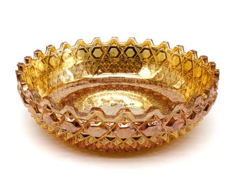 Vintage 1930s Marigold Carnival Glass Bowl | Sowerby Style Pressed Glass Sawtooth Rim | Hobnail Diamond Pattern Iridescent Golden Orange