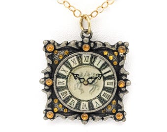 Pewter Vintage Style Clock Pendant in Gold Chain Necklace | Gold Necklace Amber Rhinestones Antique Pewter Watch | Steampunk Retro Necklace