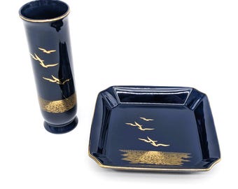 Otagiri Japan Seagull Vase and Trinket Plate Set Vintage | Navy Blue Gold Porcelain Bud Vase and Jewelry Tray | Mid Century Coastal Decor