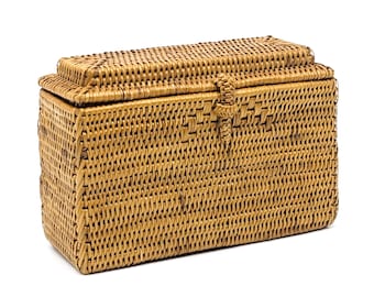 Vintage 1980s Handwoven Wicker Box with Lid | Rattan Storage Basket for Home Decor | Boho Farmhouse Rectangular Straw Chest Organizer Box