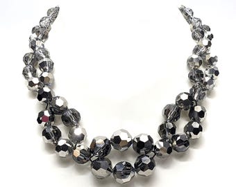 Vintage Chunky Glass Bead Necklace | Black & Silver Faceted Statement Jewelry | Adjustable Glam Disco Style 70s Look | Retro Night Necklace