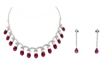 Vintage Ruby Crystal Necklace Earrings Set | Silver Tone Rhinestones Jewelry | Red Teardrop Crystals Bridal Necklace Earrings