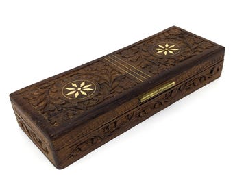 Indian Trinket and Keepsake Long Box Vintage | Hand-Carved Sheesham Wood Jewelry Box with Brass and Inlay | Unique Decor & Gift