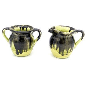 Vintage Ineke Handmade Pottery Mini Creamer and Vase Drip Glazed | Green  Black Canadian Unique Small Mug and Creamer set ceramics