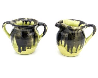 Vintage Ineke Handmade Pottery Mini Creamer and Vase Drip Glazed | Green  Black Canadian Unique Small Mug and Creamer set ceramics