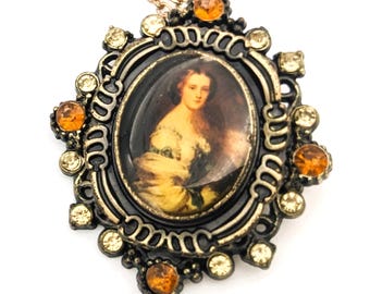Vintage Cameo Brass Pendant Melanie De Brussiere Portrait Rhinestone and Necklace | Pendant Rhinestone | Antique Portrait Cameo Necklace