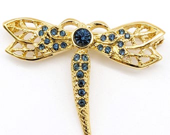Brooch Dragonfly Art Noveau Vintage | Golden Blue Rhinestone Dragonfly Brooch | Vintage Pin Insect Jewelry Crystal Blue Dragonfly Brooch Pin