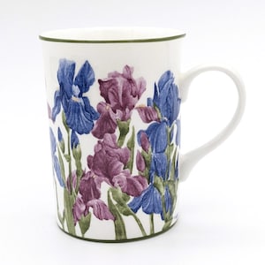 Vintage Tea Mug by Elizabeth Berry House of Alorah | Fine Bone China Mug Iris Flowers Collectible Coffee Mug English Country Garden Irises