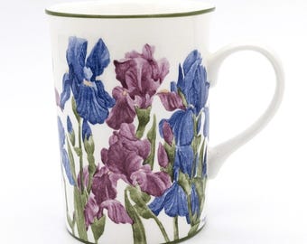 Vintage Tea Mug by Elizabeth Berry House of Alorah | Fine Bone China Mug Iris Flowers Collectible Coffee Mug English Country Garden Irises