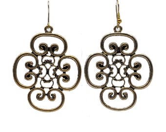Vintage Gold Tone Filigree Drop Earrings | Venetian Gothic Openwork Dangles
