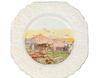 1950s Lord Nelson Ware Plate Highland Cattle | Vintage Elijah Cotton England | Embossed Square Green Rim Pastoral Cottagecore Wall Decor