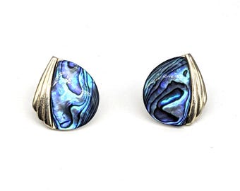 Vintage New Zealand Paua Shell Earrings Gold Tone | Blue Green Abalone Studs | 1980s Boho Jewelry| Iridescent Natural Shell Art Deco Earring