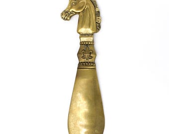 Vintage Solid Brass Unicorn Shoe Horn with Fleur de Lis Handle | Short Decorative Functional Spoon | Unique Gift Accessory for Shoe Lovers