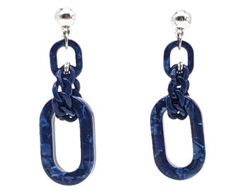 Vintage Blue Marbled Link Drop Earrings| Chunky Acrylic Chain Stud Earrings Dark Blue| Statement Geometric Dangle for Party or Everyday Wear