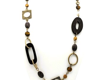 Vintage Lia Sophia Long Necklace | Mix Media Pearls, Tiger’s Eye and Wood Antique Gold Tone Necklace | Earth Tones  Necklace Adjustable