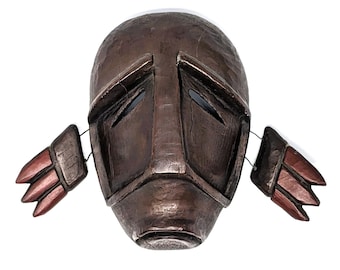 Mid-Century African Hand-Carved Wooden Mask Wall Decor| Dark Wood Guardian Face Wings | Vintage 1960s–80s Tribal Style Collectible Art Decor