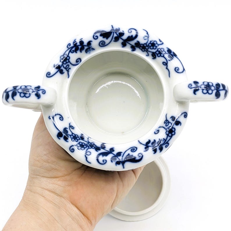 Pu&ograve; includere: Una zuccheriera in porcellana bianca con un motivo floreale blu e bianco. La ciotola ha due manici e un coperchio.