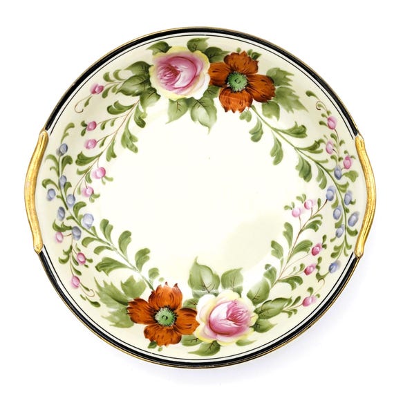 Antique China Plate Noritake Japan Floral Rare 1920s Bowl Plate Art Deco  Roses Leaves Orange Flowers Black and Gold Rim Hand Painted Plate